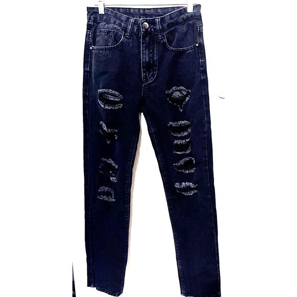 Black Distressed Jeans Womens Sz 28 Straight leg High Rise Destroyed Grunge - Picture 1 of 8